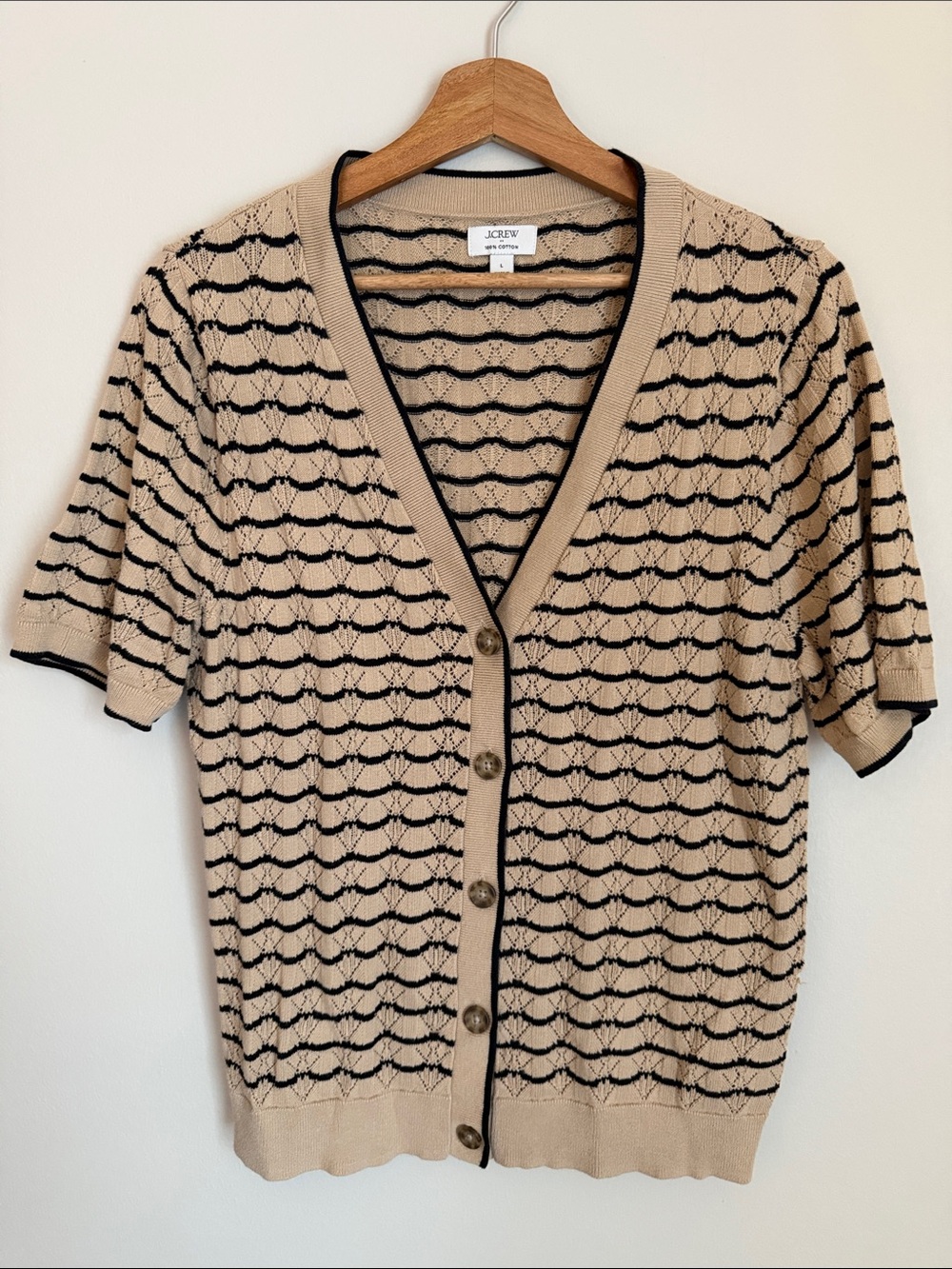J. Crew Beige and Black Short-Sleeve Button Cardigan
